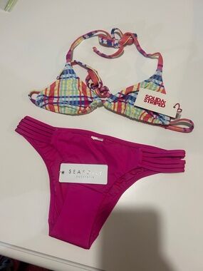 Seafolly Girls Hot Pink Bikini with Multicolor Plaid Halter Top